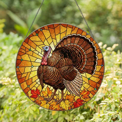 Wild Turkey Fanned Tail Autumn Leaves Tiffany Stained Glass Radiant Sunburst Mosaic Stained Glass Suncatcher