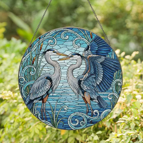 Great Blue Herons Facing Stained Glass Mosaic - Tiffany Style Marshland Water Stained Glass Suncatcher