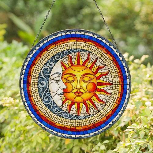 Intricate Celestial Sun Moon Faces Embrace - Tiffany Glass Mosaic Home Decor Gift Stained Glass Suncatcher