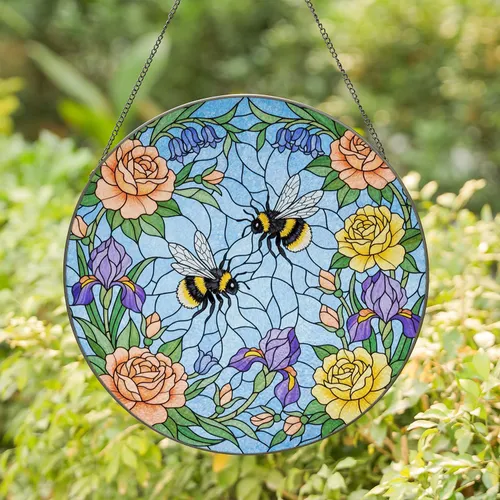 Intricate Bumblebee Flower Tiffany Stained Glass Mosaic Window Hanging Gift Stained Glass Suncatcher