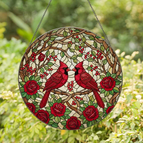 Red Cardinal Birds Tiffany Style Stained Glass Roses Berries Emerald Ruby Jewel Tones Stained Glass Suncatcher