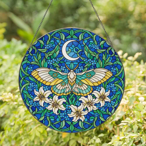 Moth Crescent Moon Stained Glass Art - Tiffany Style Jewel Tone Intricate Floral Patterns Stained Glass Suncatcher