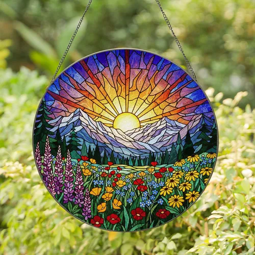 Golden Sun Mountain Range Snow-Capped Wildflower Meadow Tiffany Stained Glass Home Decor Stained Glass Suncatcher