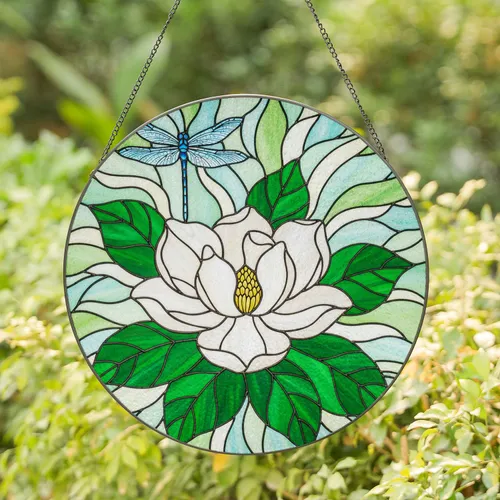 White Magnolia Blue Dragonfly Stained Glass - Tiffany Jewel Tone Opalescent Floral Decor Stained Glass Suncatcher