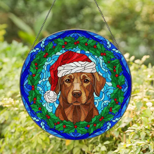 Brown Dog Santa Hat Tiffany Style Holly Berries Blue Aqua Swirl Christmas Decor Stained Glass Suncatcher