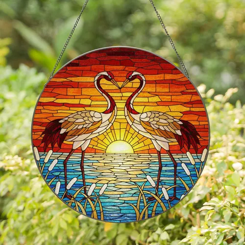 Red-Crowned Cranes Heart Sunset Stained Glass Art - Tiffany Jewel Tone Reeds Cattails Stained Glass Suncatcher
