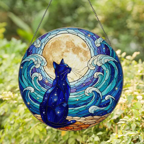 Stained Glass Silhouetted Cat & Full Moon Night Sky - Tiffany Style Water Celestial Art Stained Glass Suncatcher