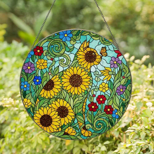 Tiffany Style Stained Glass Cat Silhouette Sunflower Garden Orange Butterfly Jewel Tones Stained Glass Suncatcher