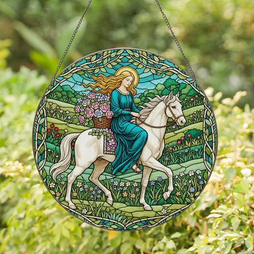 Tiffany Stained Glass Maiden White Horse Roses - Golden Hair Teal Gown Hillsides Foliage Stained Glass Suncatcher