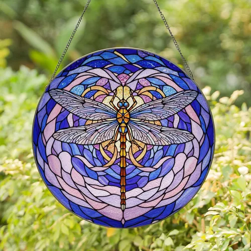 Dragonfly Tiffany Stained Glass Art - Jewel Tone Mosaic Swirls & Ornate Translucent Wings Stained Glass Suncatcher