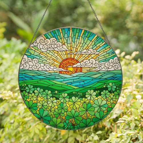 Glowing Tiffany Stained Glass Setting Sun Four-Leaf Clover Hills Intricate Mosaic Art Stained Glass Suncatcher