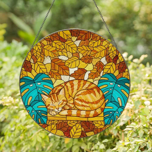 Golden Orange Tabby Cat Sleeping Monstera Leaves Autumn Mosaic Tiffany Style Stained Glass Suncatcher