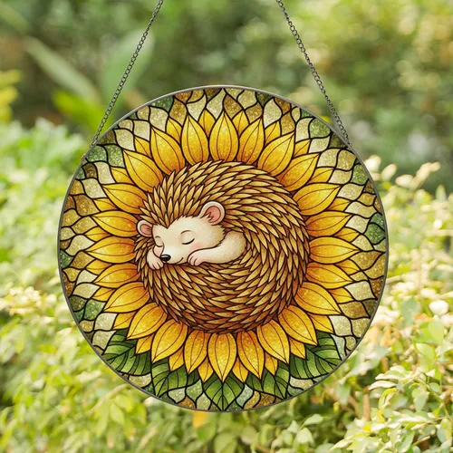 Plump Sleeping Hedgehog Sunflower Stained Glass Mosaic Decor - Nature Lover Garden Window Art Stained Glass Suncatcher