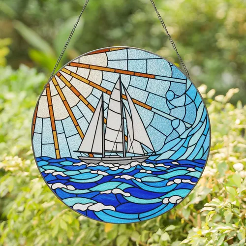 Elegant Sailboat Ocean Waves Sun Tiffany Glass Art Jewel Tones Intricate Wall Decor Stained Glass Suncatcher