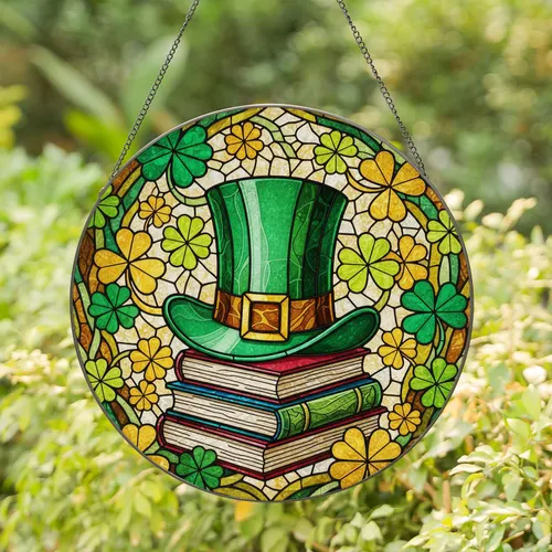 Leprechaun Top Hat Books Four-Leaf Clover Tiffany Stained Glass - St. Patrick's Day Gift Stained Glass Suncatcher