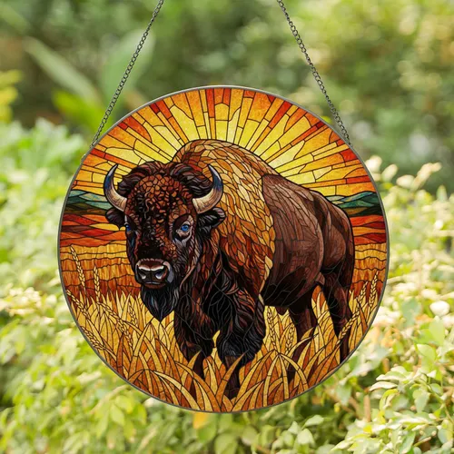 American Bison Horns Prairie Landscape Stained Glass - Tiffany Sunset Jewel Tones Stained Glass Suncatcher