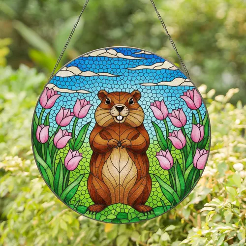 Groundhog Pink Tulips Vibrant Green Grass Blue Sky Mosaic - Tiffany Glass Nature Art Decor Stained Glass Suncatcher