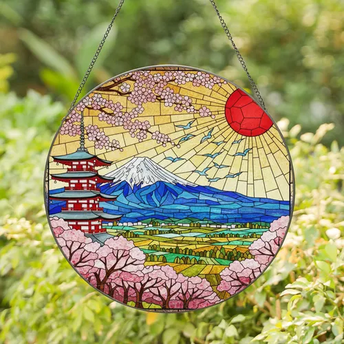 Japanese Pagoda Mount Fuji Red Sun Cherry Blossom Stained Glass Jewel Tone Landscape Stained Glass Suncatcher