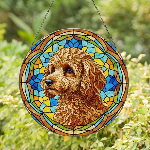 Detailed Fluffy Light Brown Toy Poodle Stained Glass - Tiffany Style Mosaic Jewel Tone Art Stained Glass Suncatcher