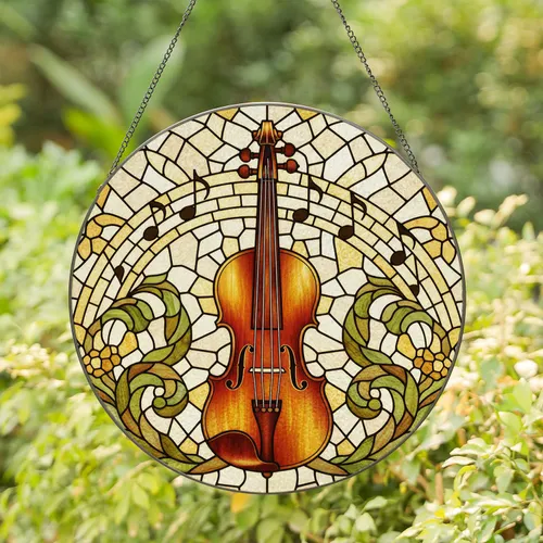 Classical Violin Musical Notes Staff Lines Foliage - Tiffany Style Golden Mosaic Panels Stained Glass Suncatcher