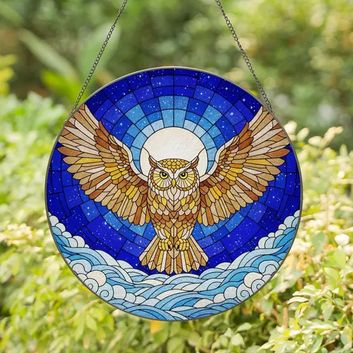 Majestic Owl Golden Eyes Stained Glass Art - Starry Night Moon Clouds Tiffany Design Stained Glass Suncatcher