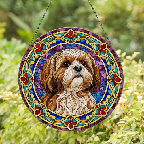 Shih Tzu Dog Stained Glass Portrait with Ornate Floral Scrollwork & Tiffany Style Jewel Tones Stained Glass Suncatcher