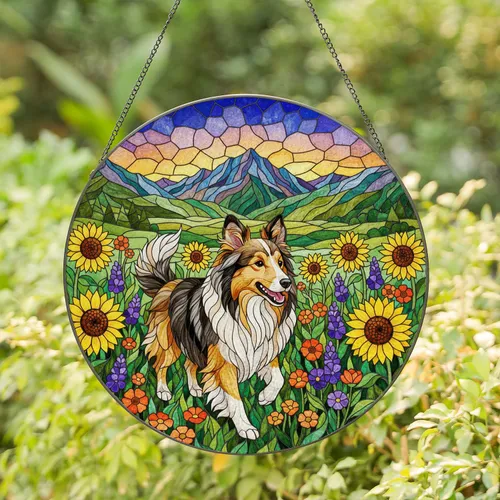 Happy Sheltie Dog Wildflower Meadow Tiffany Stained Glass Style Colorful Nature Art Stained Glass Suncatcher