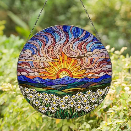 Radiant Sun Daisy Field Stained Glass Tiffany Style Mountain Horizon Art Jewel Tones Stained Glass Suncatcher