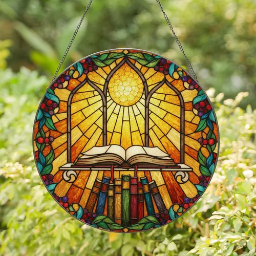 Open Book Stacked Books Arched Window Stained Glass Tiffany Style Jewel Tone Mosaic Stained Glass Suncatcher
