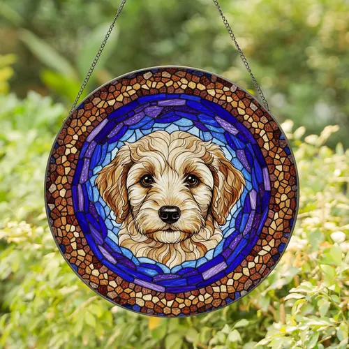 Fluffy Labradoodle Golden Doodle Puppy Stained Glass Intricate Mosaic Dog Lover Gift Stained Glass Suncatcher