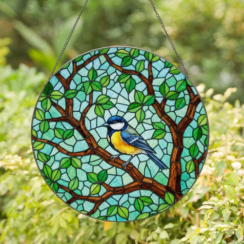 Great Tit Bird Stained Glass Tiffany Style - Perched Branch Green Leaves Mosaic Sky Stained Glass Suncatcher