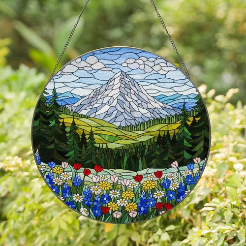 Snow-Capped Mountain Pine Forest Wildflower Meadow Tiffany Glass Nature Decor Gift Stained Glass Suncatcher