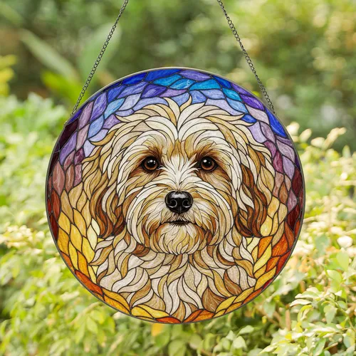 Fluffy Small Dog Portrait Tiffany Stained Glass Intricate Mosaic - Pet Lover Gift Stained Glass Suncatcher