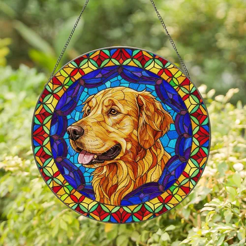 Golden Retriever Dog Head Stained Glass Mosaic Tiffany Art - Intricate Colorful Pet Design Stained Glass Suncatcher