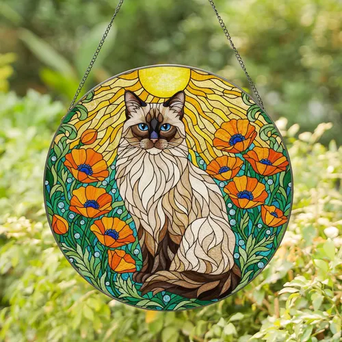 Ragdoll Cat Poppies Stained Glass Sun Folk Art - Blue Eye Cat Lover Gift Stained Glass Suncatcher