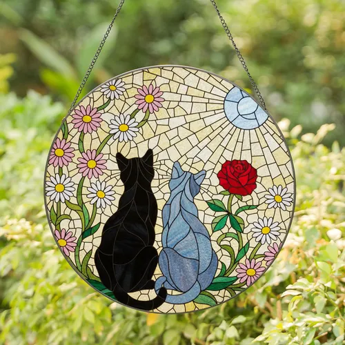 Black & Blue-Grey Cats Tiffany Stained Glass Art with Daisies, Rose & Sun - Home Decor Stained Glass Suncatcher