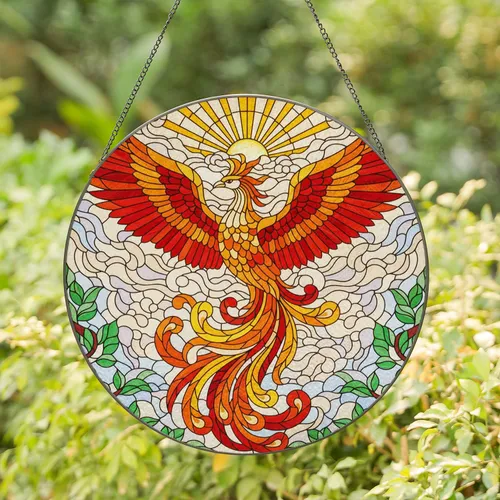 Majestic Phoenix Stained Glass Sun - Tiffany Jewel Tone Leafy Branches Cloudscape Stained Glass Suncatcher