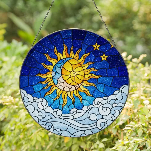 Tiffany Stained Glass Sun Moon Stars Celestial Art - Day Night Fusion Decor Home Gift Stained Glass Suncatcher