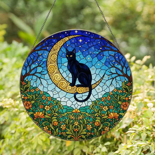 Black Cat Golden Crescent Moon Stained Glass Art - Celestial Jewel Tone Night Sky Stars Stained Glass Suncatcher