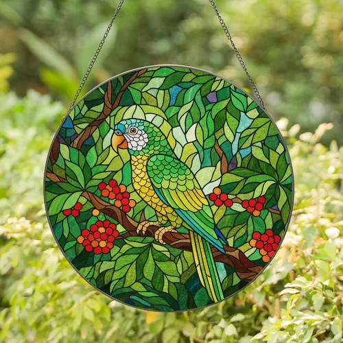 Vivid Green Parrot Tiffany Stained Glass Tropical Jungle Foliage Window Art Decor Stained Glass Suncatcher