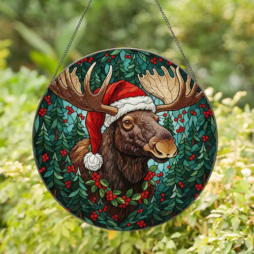 Majestic Moose Head Stained Glass Santa Hat Winter Forest Tiffany Christmas Gift Stained Glass Suncatcher