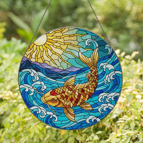 Intricate Detailed Koi Fish Sun Iridescent Scales Tiffany Stained Glass Jewel Tones Waves Stained Glass Suncatcher