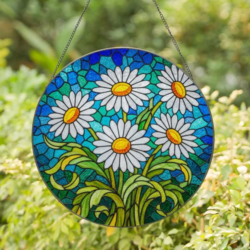 Six White Daisies Yellow Orange Centers Green Leaves Tiffany Glass Style Jewel Tone Mosaic Art Stained Glass Suncatcher