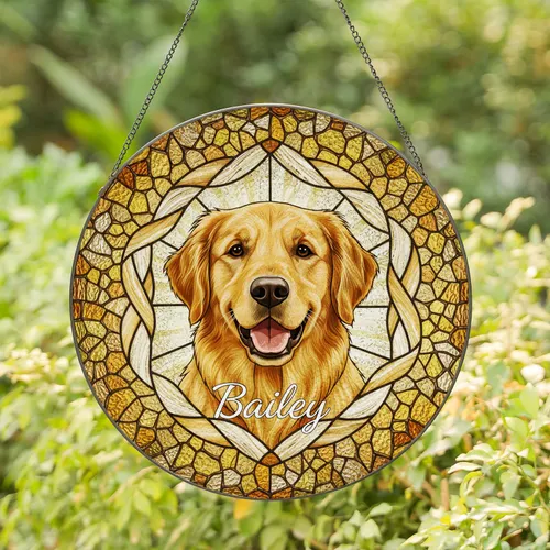 Smiling Golden Retriever Dog Bailey Name Stained Glass Art - Tiffany Style Pet Lover Gift Stained Glass Suncatcher