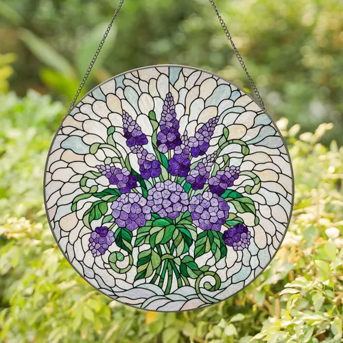 Tiffany Style Stained Glass Lavender Hydrangea Floral Bouquet Opalescent Swirl Mosaic Artwork Stained Glass Suncatcher