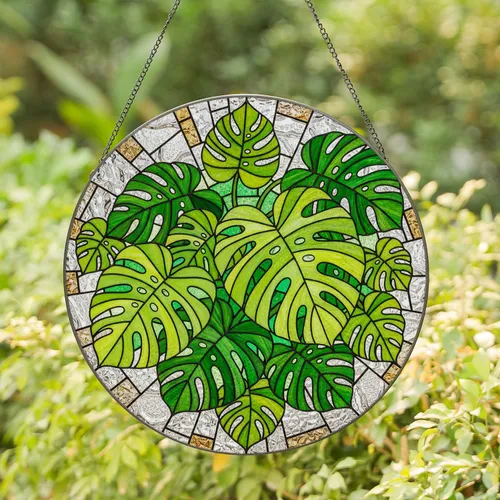 Monstera Deliciosa Stained Glass Art - Intricate Tropical Plant Tiffany Style Window Stained Glass Suncatcher