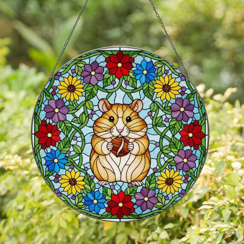 Hamster Chestnut Flowers Tiffany Glass - Detailed Mosaic Home Decor Gift for Animal Lovers Stained Glass Suncatcher