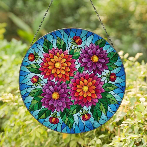Lush Dahlia Flower Bouquet Stained Glass Art - Tiffany Style Translucent Mosaic Gift Stained Glass Suncatcher
