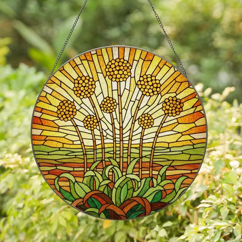 Tiffany Glass Art Yellow Botanical Flowers - Sun Drenched Sky Rolling Hills Landscape Stained Glass Suncatcher