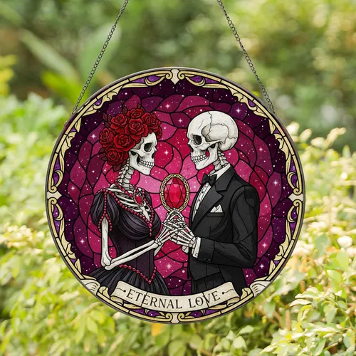 Skeleton Couple Stained Glass Art - Cosmic Nebula, Golden Frame, Red Jewel Embellishment Stained Glass Suncatcher